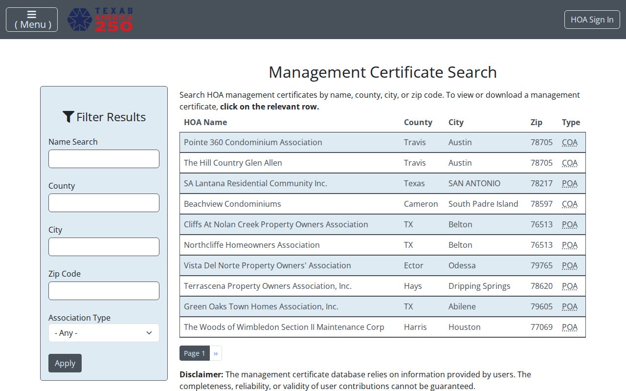 Abilene neighbors Texas HOA management certificate search