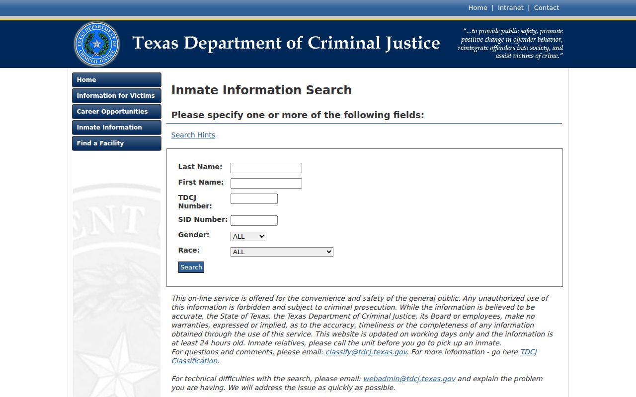 Abilene resident lookup Texas inmate search entry screen